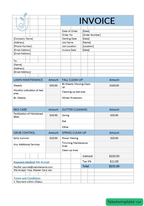 Feature of fake Lawn Care invoice example